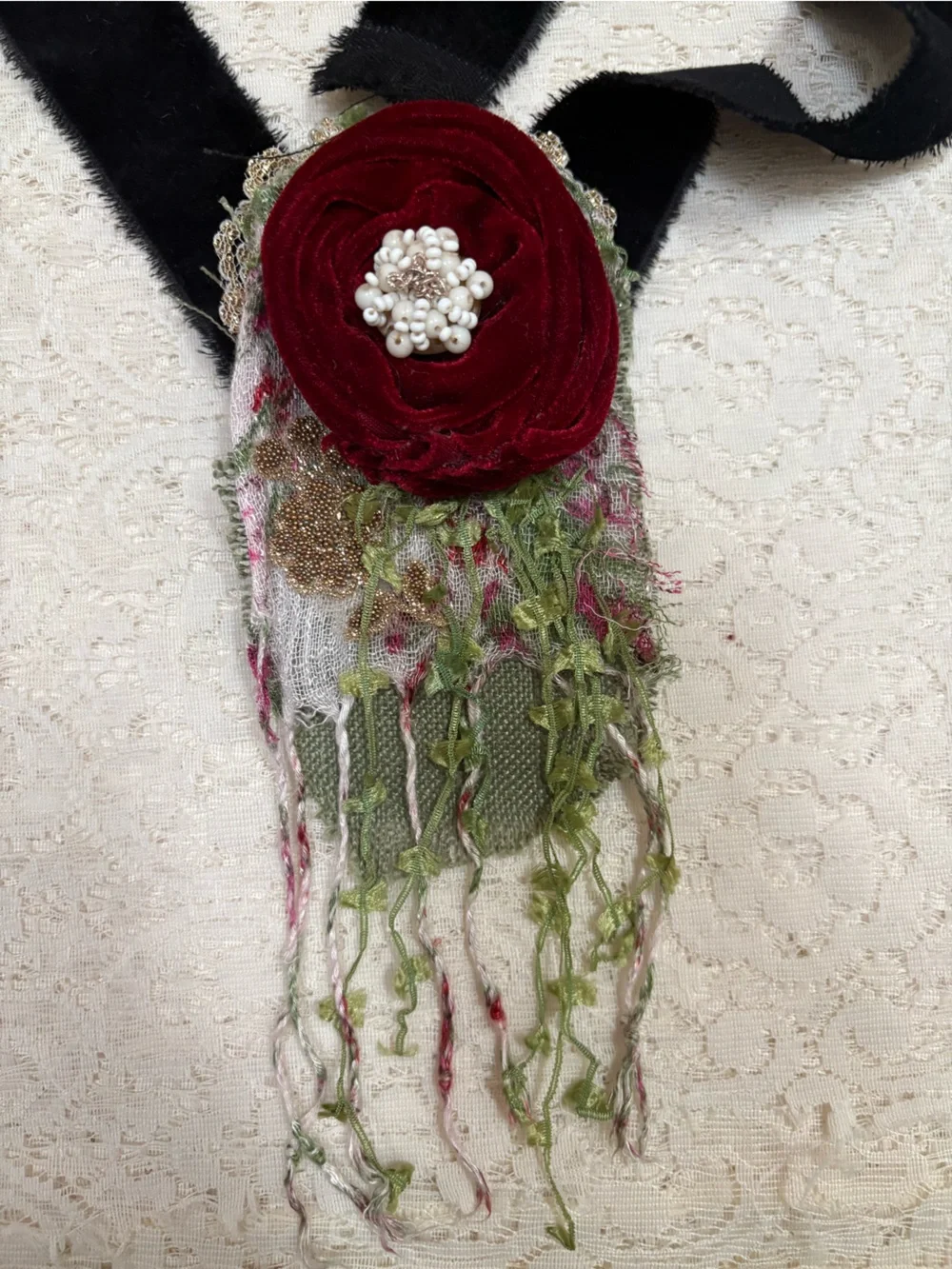 Upcycled Island Red Velvet Floral Brooch Jabot Necklace Choker